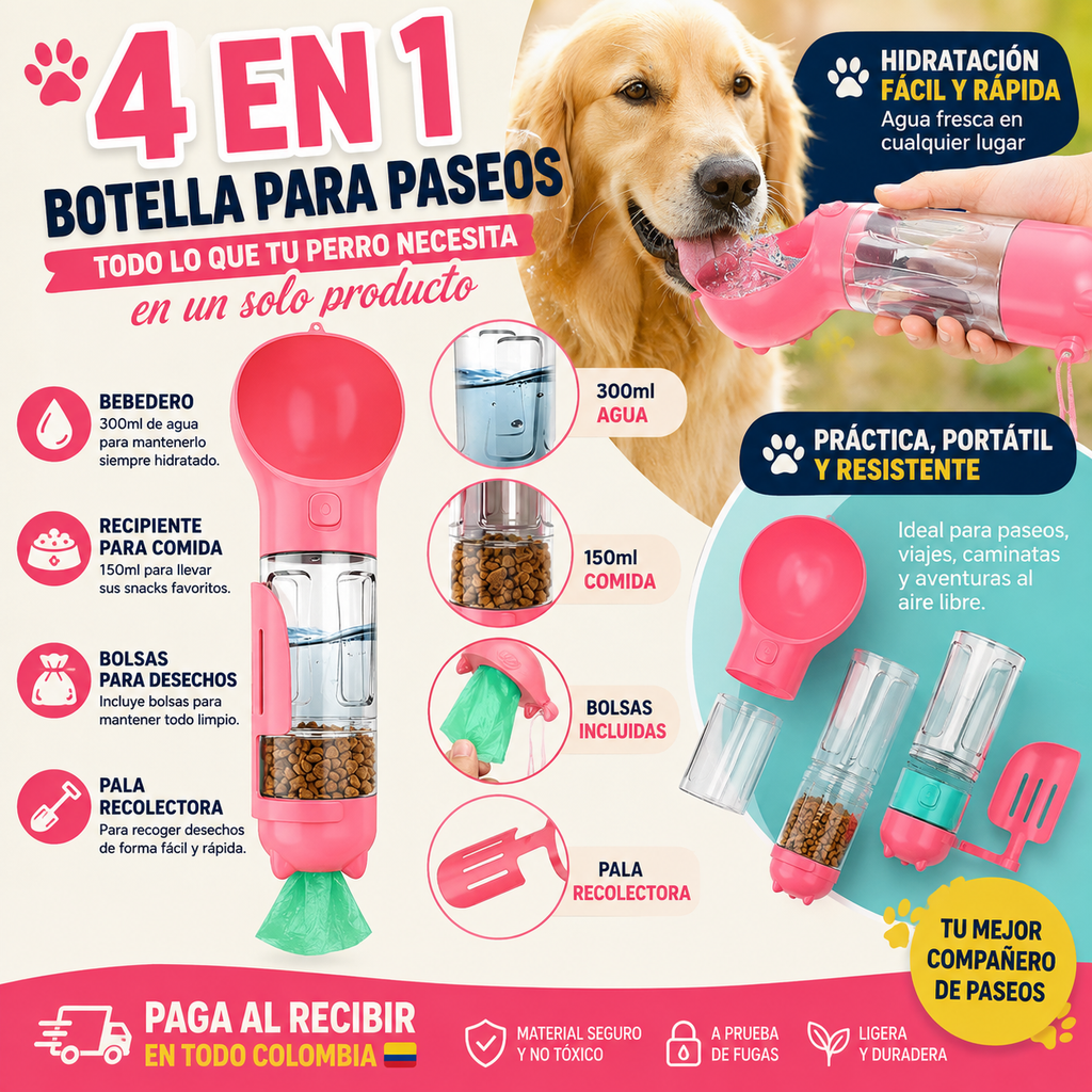 🐾 PawGo 4 en 1™ – Bebedero Portátil para Perros 500 ml