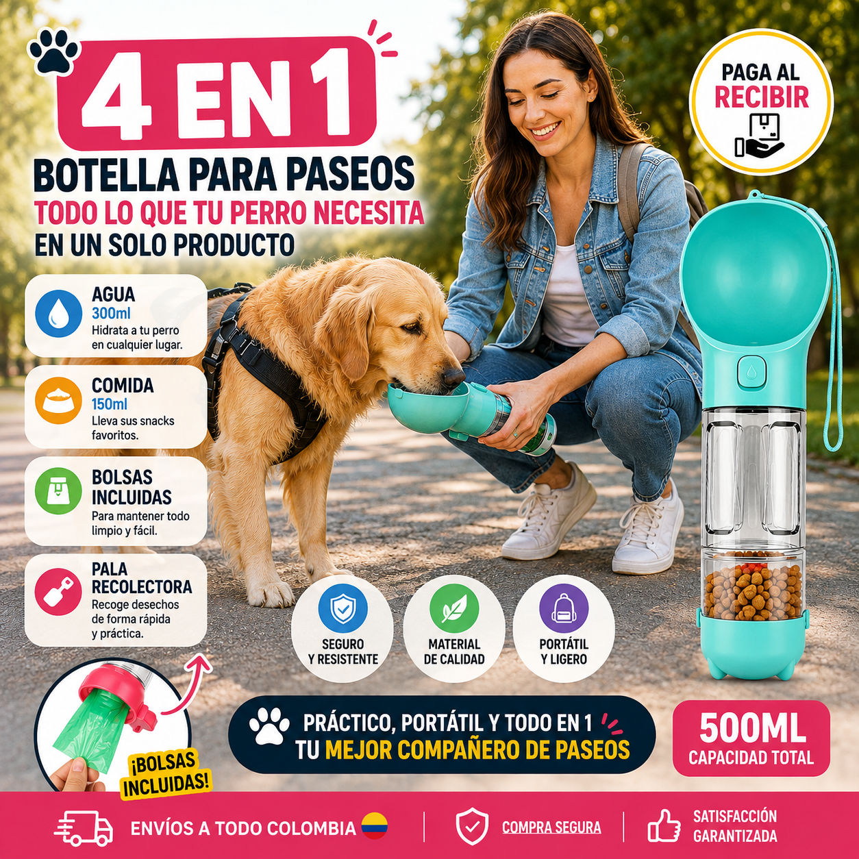 🐾 PawGo 4 en 1™ – Bebedero Portátil para Perros 500 ml